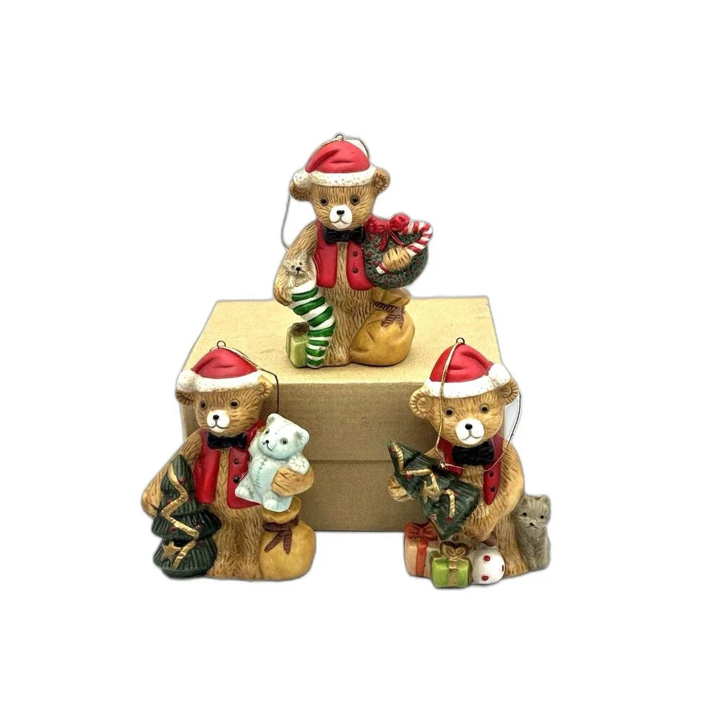 Vintage Christmas Bears In Santa Hats Set Of 3 Ceramic Ornaments
